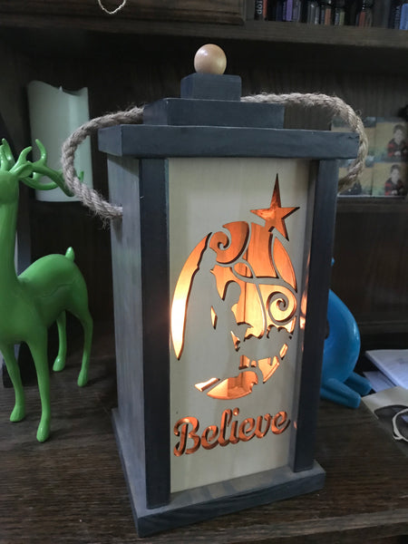 14" Wooden Lantern with Laser Cut Slide Out Panel