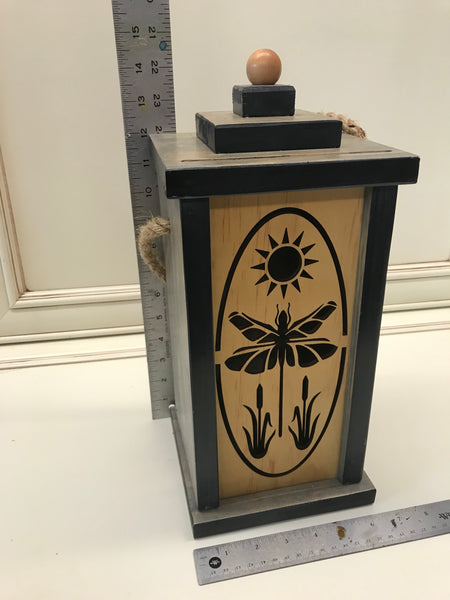 14" Wooden Lantern with Laser Cut Slide Out Panel